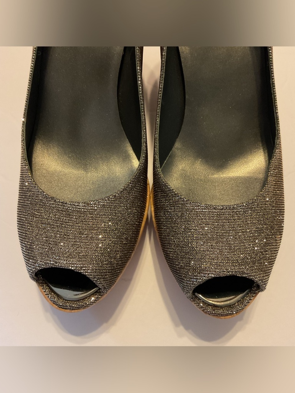 Stuart Weitzman Glitter Metallic Anna Cork Wedge Peep Toe Pumps Shoes Luxury 8 - Picture 5 of 11